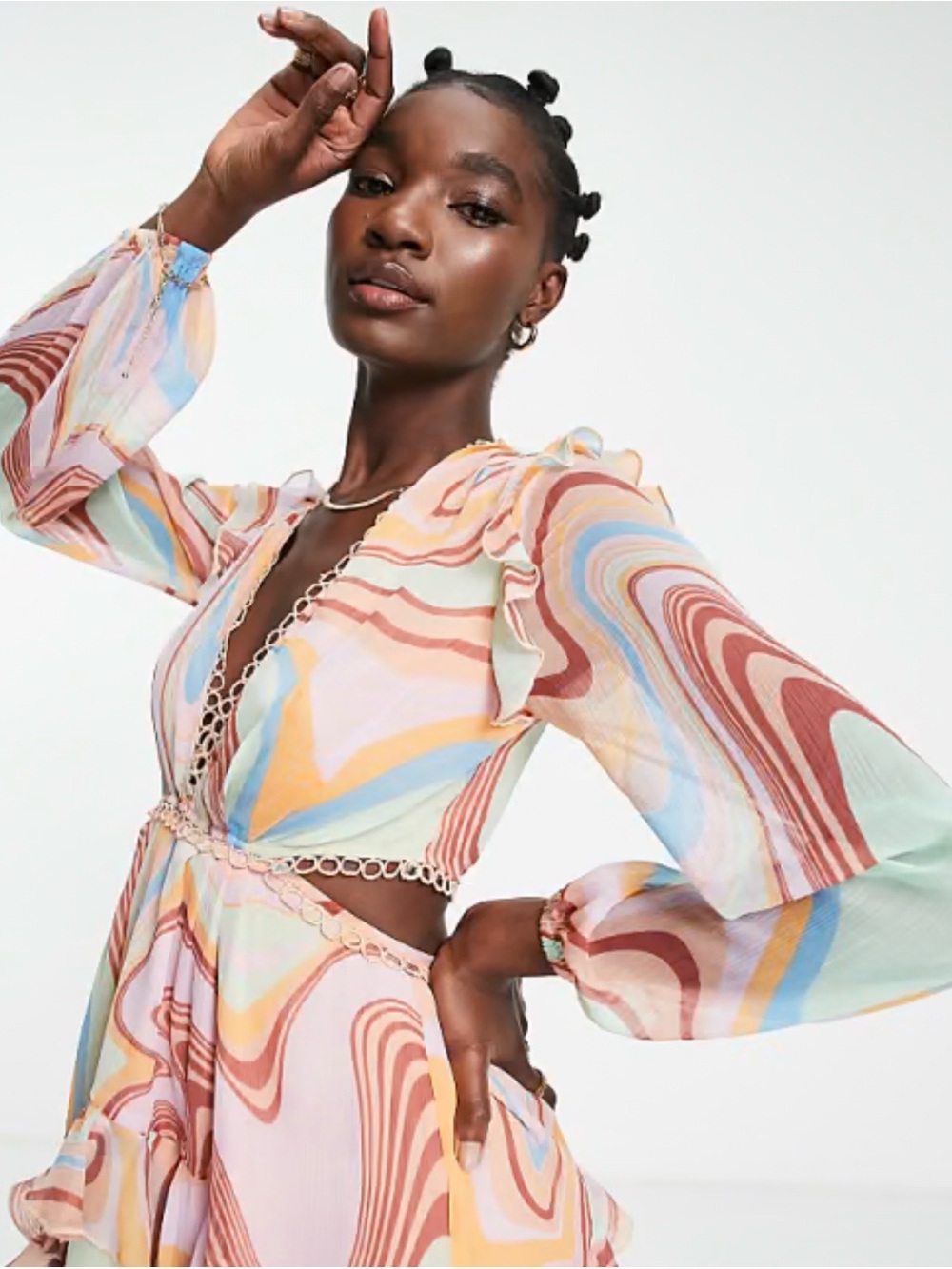 ASOS Pastel Swirl Ruffle Mini Dress - Picture 2 of 5